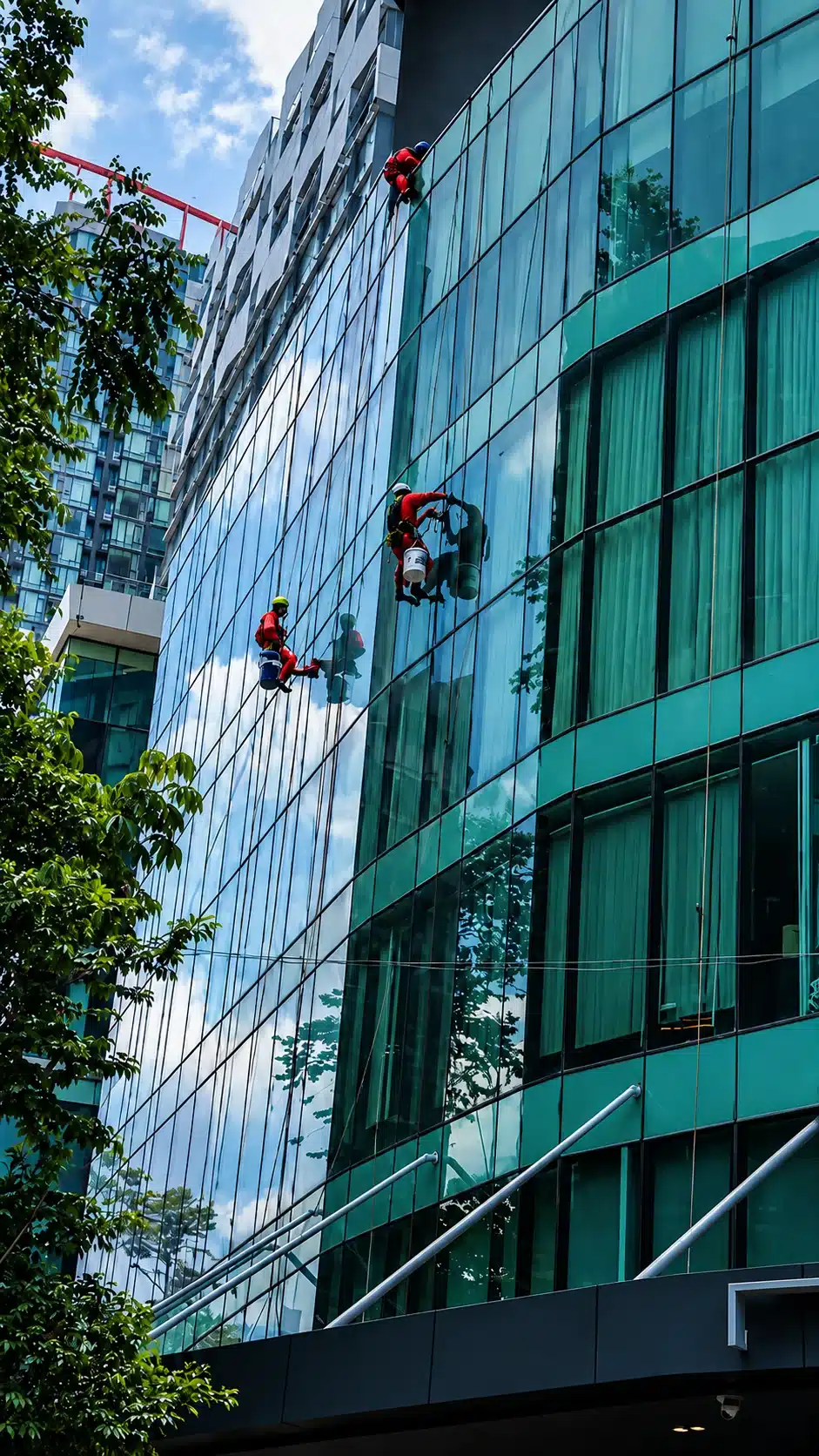 High-rise glass façade cleaning team at work