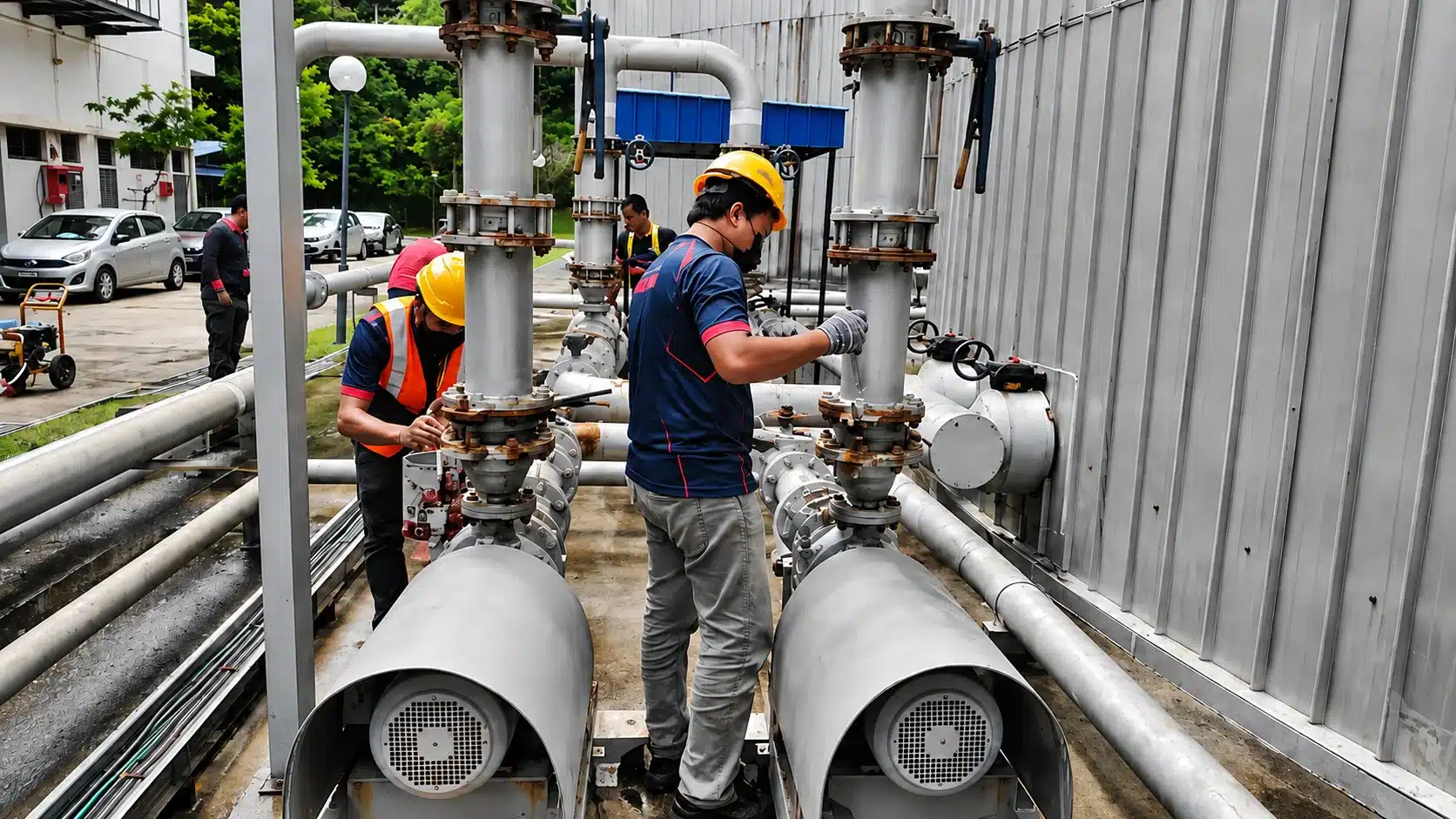 Industrial equipment maintenance team on site